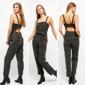Free People Open Back Utility Cargo Overalls Size M‎ Boho Distress Pre-Loved